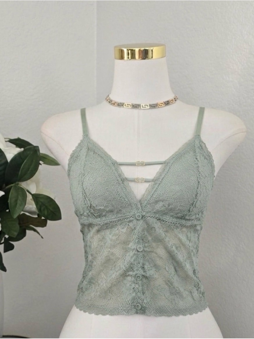 Lace Bralette Crop Top in Sage Green